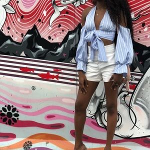 Blue Stripe Halterneck Puff Sleeve Shirt